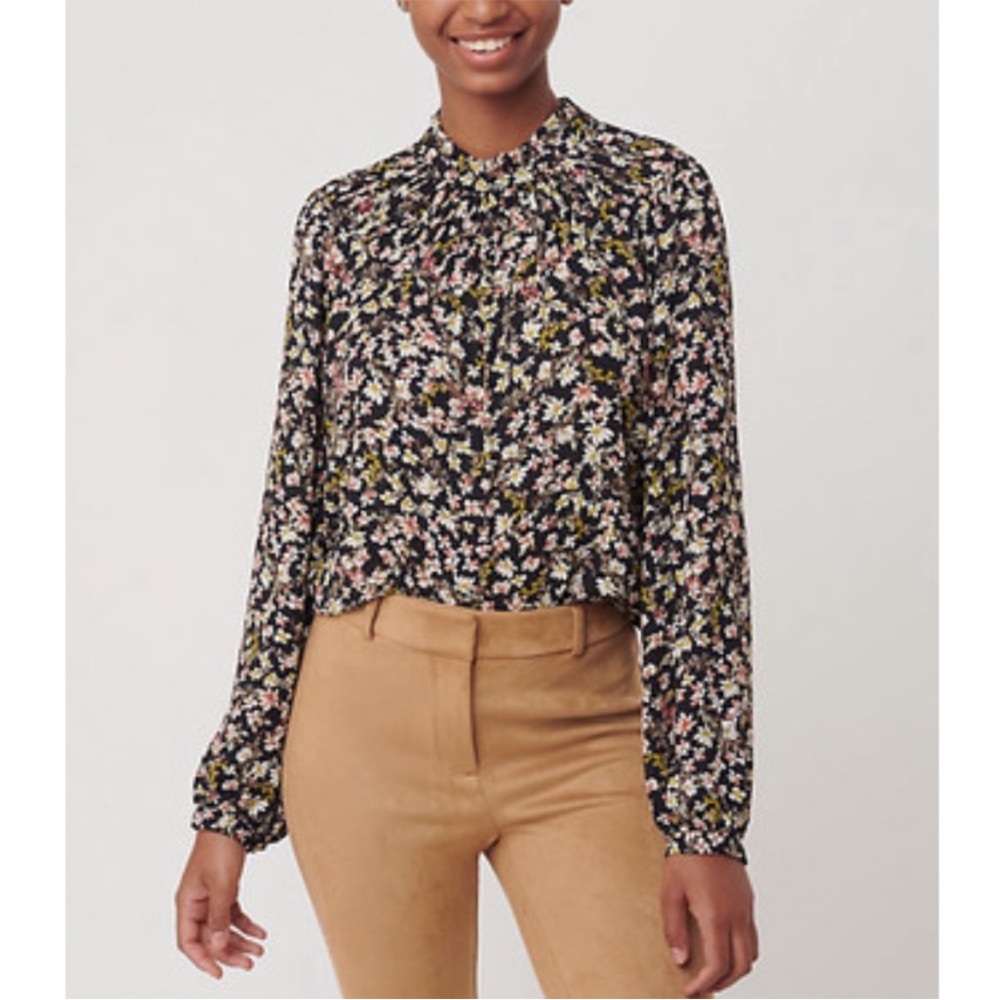 LOFT Black and White floral high Collar Blouse